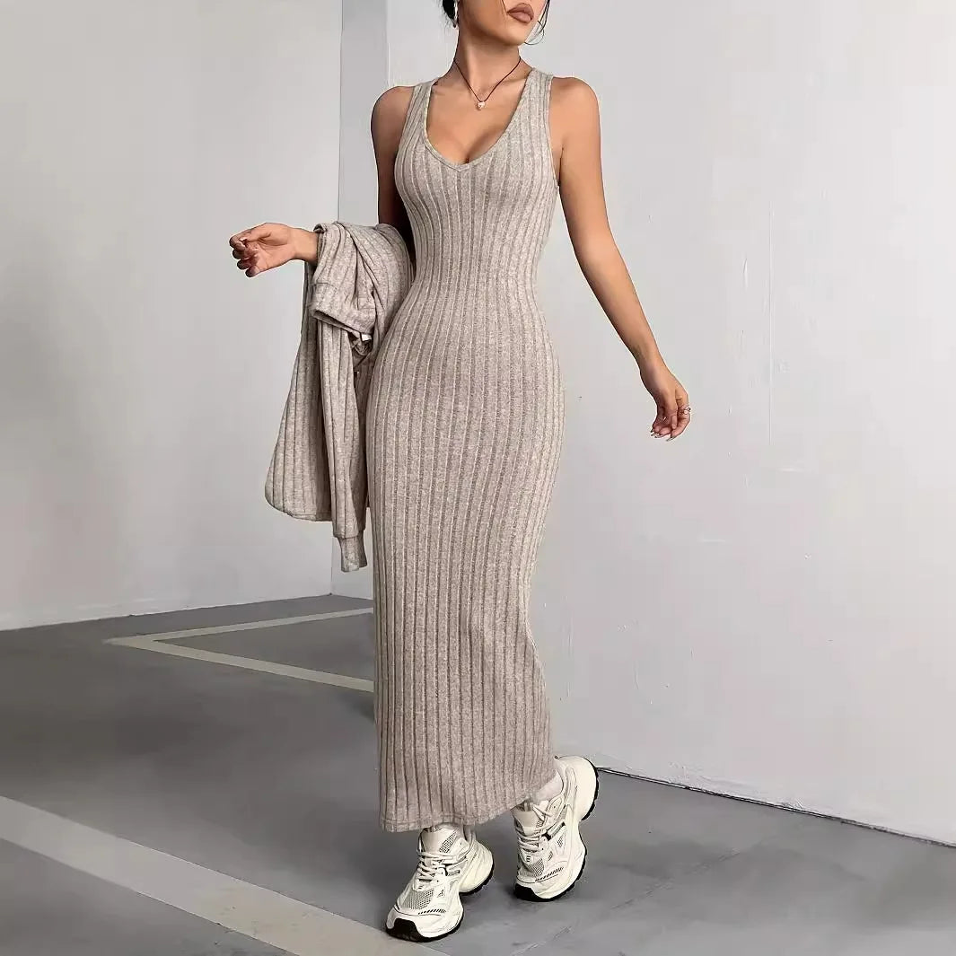 Ensemble Femme 2 Pièces – Robe Pull Loose & Hoodie Tricoté Manches Longues, Style Casual Commuting Automne Hiver 2024 | F-laglam.