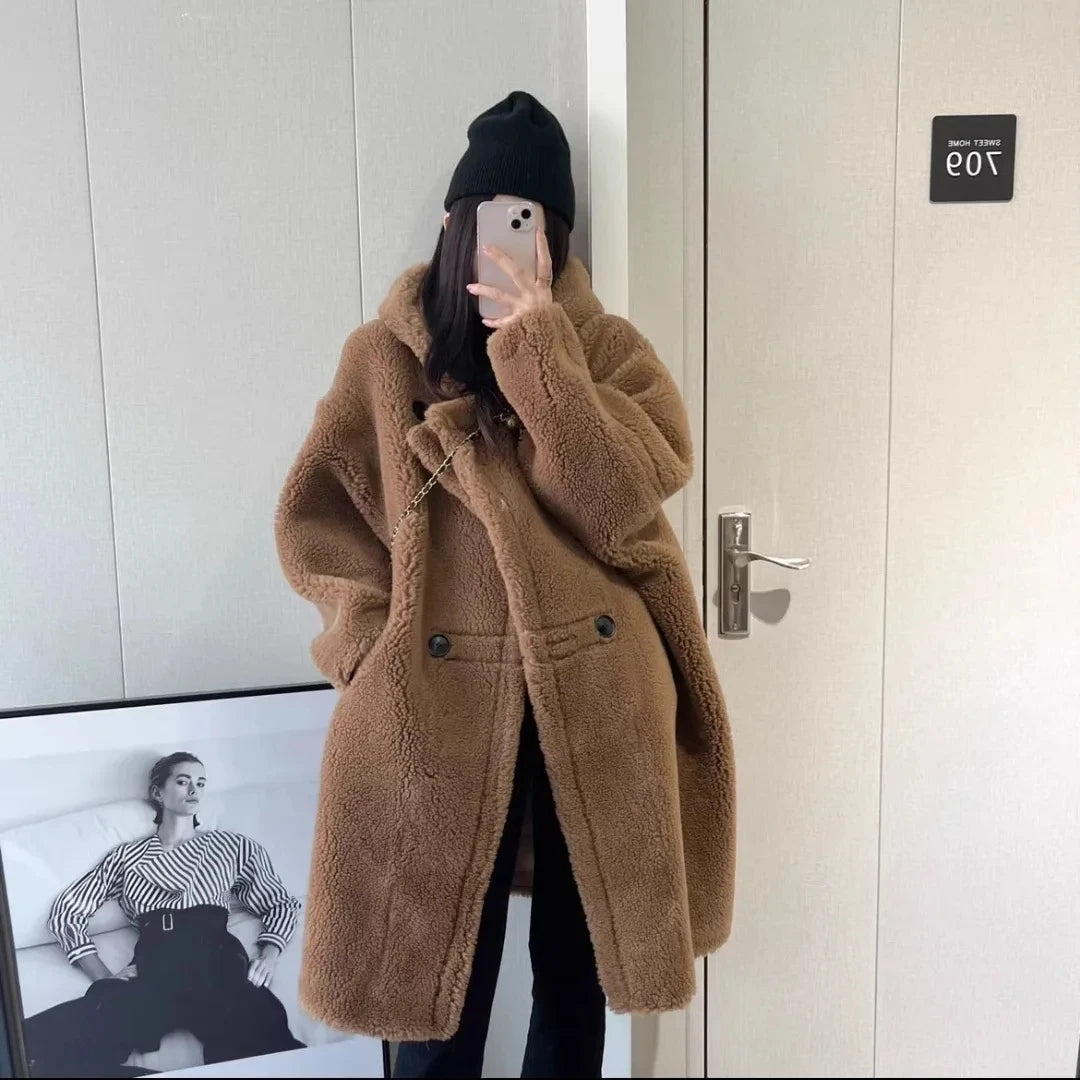Manteau Femme Hiver 2024 – Veste Cocoon à Capuche en Laine d’Agneau Épaisse, Parka Chaude Shearling
