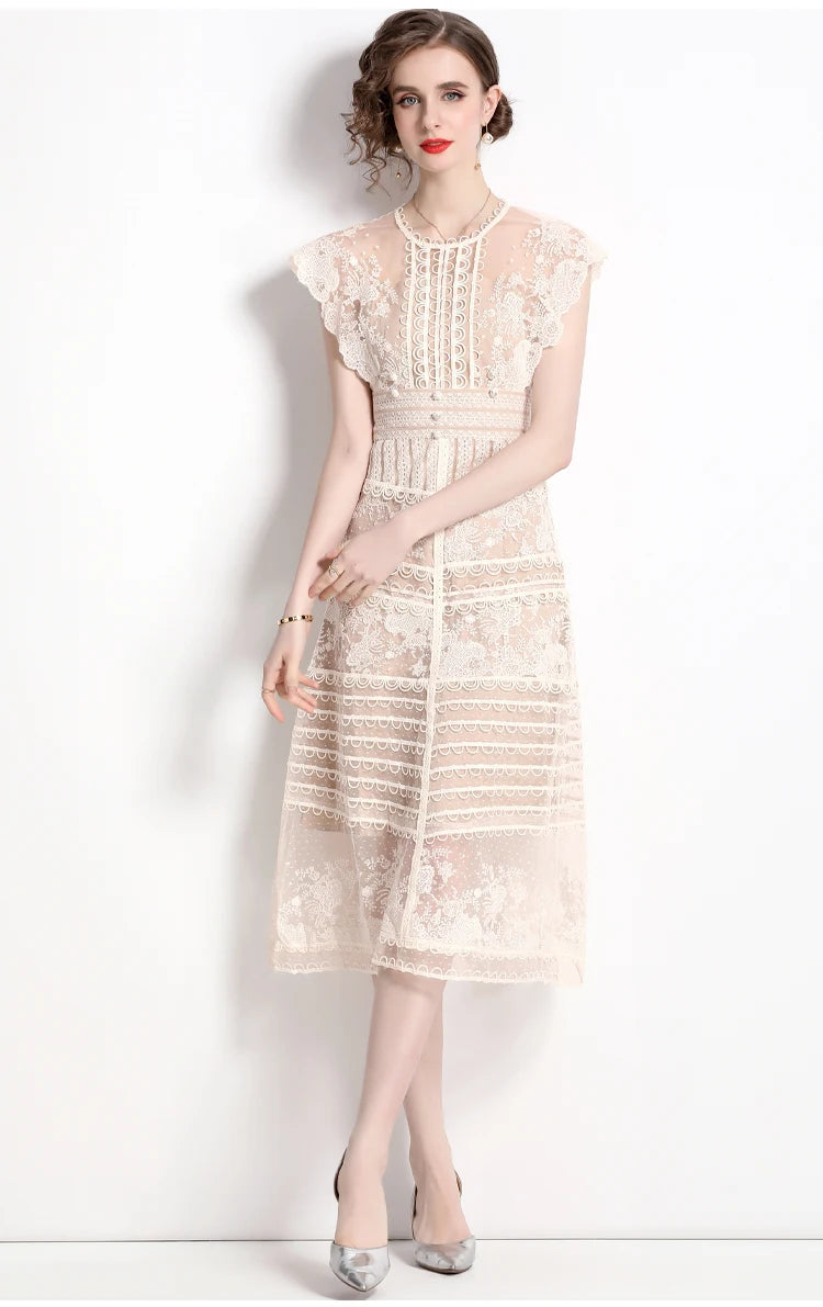 Robe midi femme à fleurs brodées – manches courtes, style vintage élégant