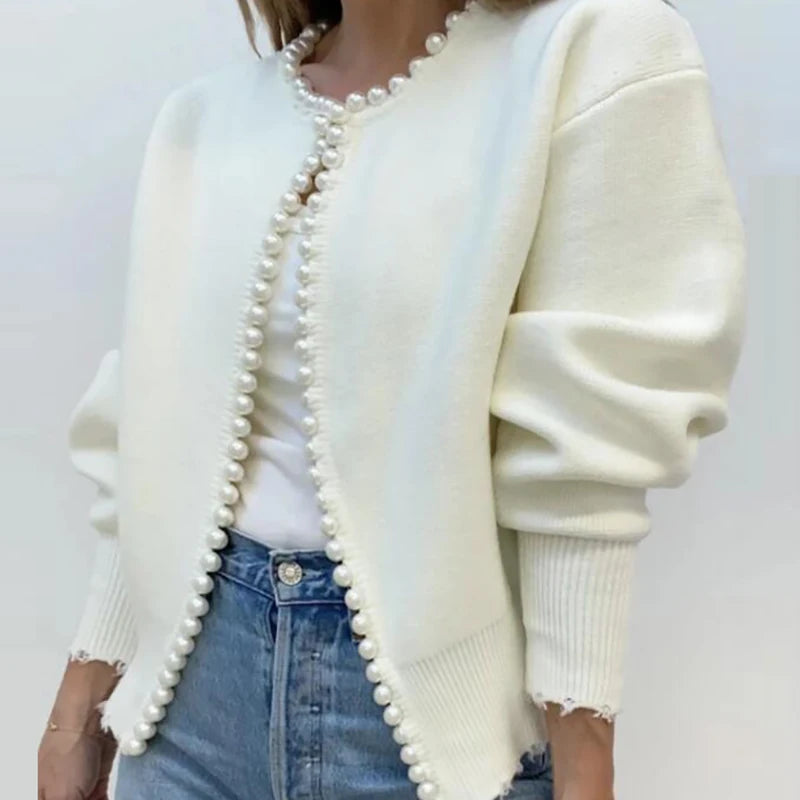 Cardigan Femme Blanc Élégant – Tricot Chic à Perles, Manches Longues Automne Hiver.