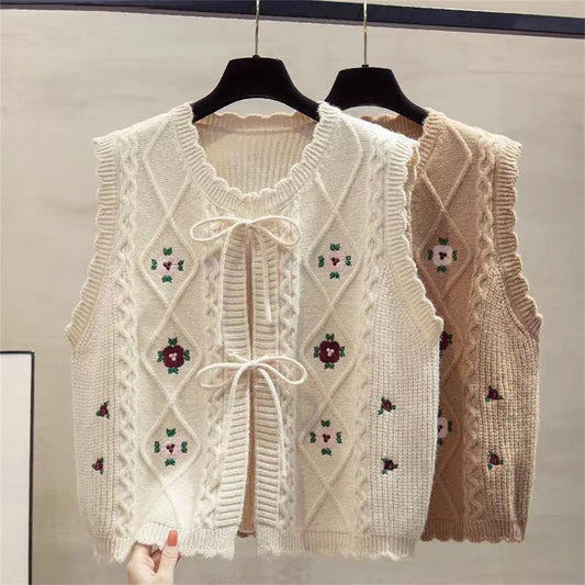 Gilet Femme Brodé Sans Manches – Tricot Loose Chic All-match Printemps Automne.