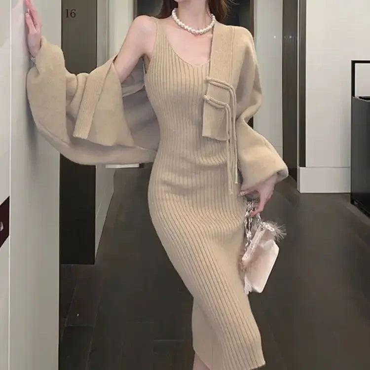 Ensemble Femme 2 Pièces – Cardigan Tricoté à Lacets & Robe Camisole, Style Chinois Moderne Élégant |