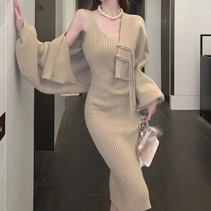 Ensemble Femme 2 Pièces – Cardigan Tricoté à Lacets & Robe Camisole, Style Chinois Moderne Élégant |