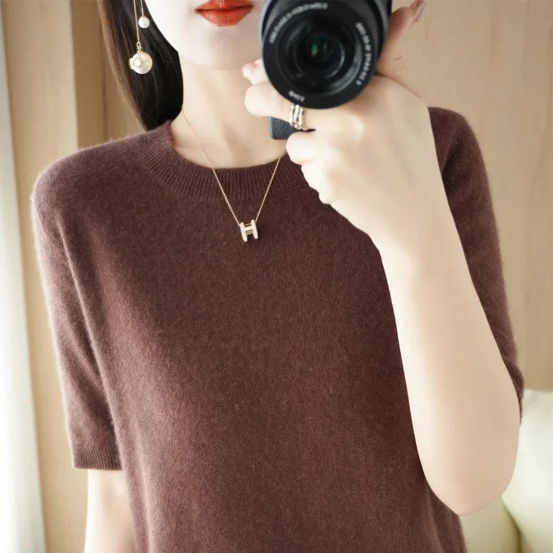 Pull Femme Slim à Manches Courtes – Tricot Col Rond Léger Printemps Été 2025 |