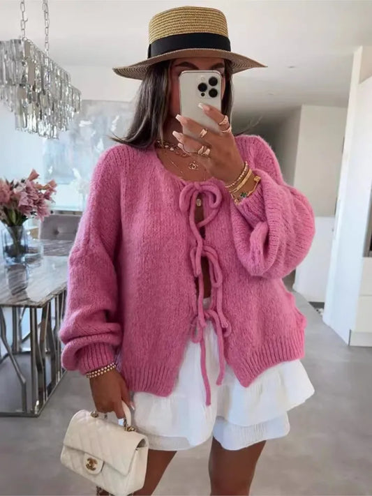 Cardigan Femme Élégant – Tricot Uni avec Lacet, Col Rond, Style Simple Chic |.