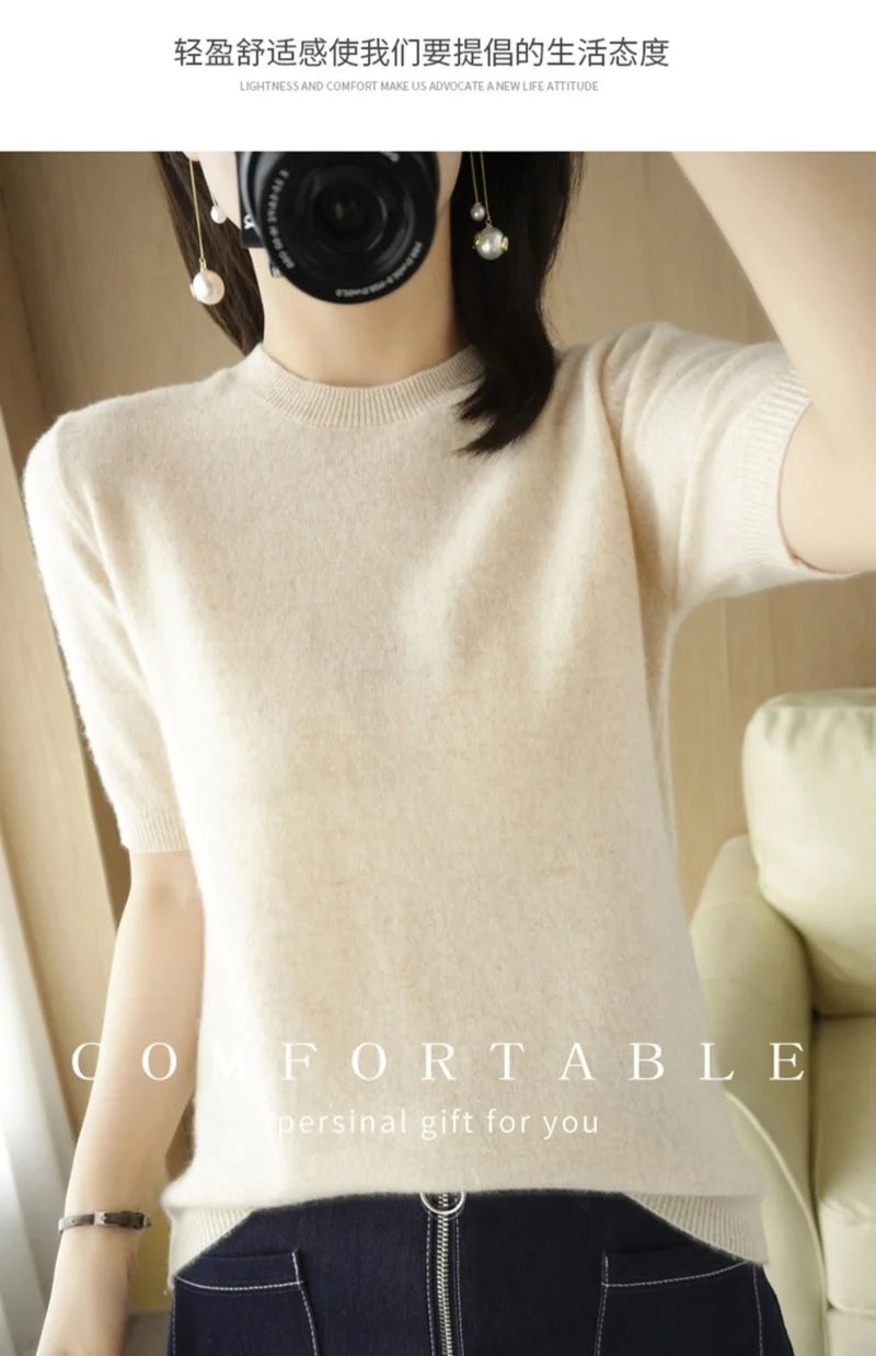 Pull Femme Slim à Manches Courtes – Tricot Col Rond Léger Printemps Été 2025 |.