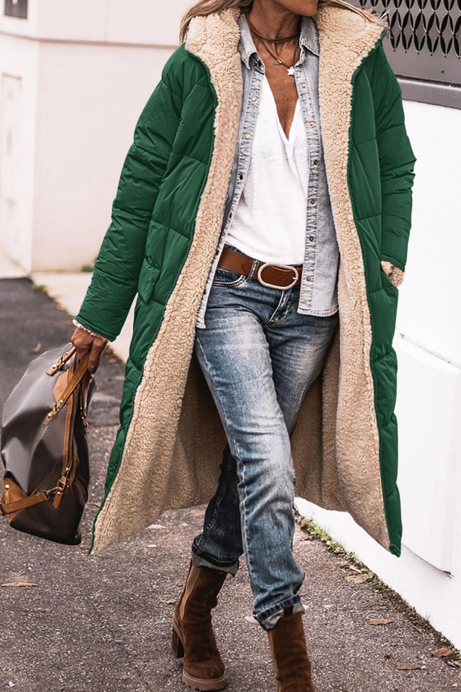 Manteau Long Femme Hiver – Veste Chaude en Laine & Polaire avec Capuche, Style Casual Chic | F-laglam.