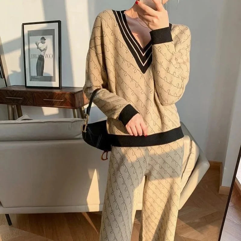 Ensemble Femme 2 Pièces – Pull Élégant & Pantalon Patte d’Éléphant Loose-Fit, Outfit Tendance Printemps Automne 2024 | F-laglam.