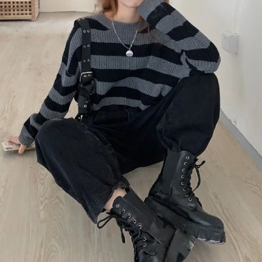 Pull Court Femme Rayé – Tricot Loose O-neck Streetwear Automne Hiver.