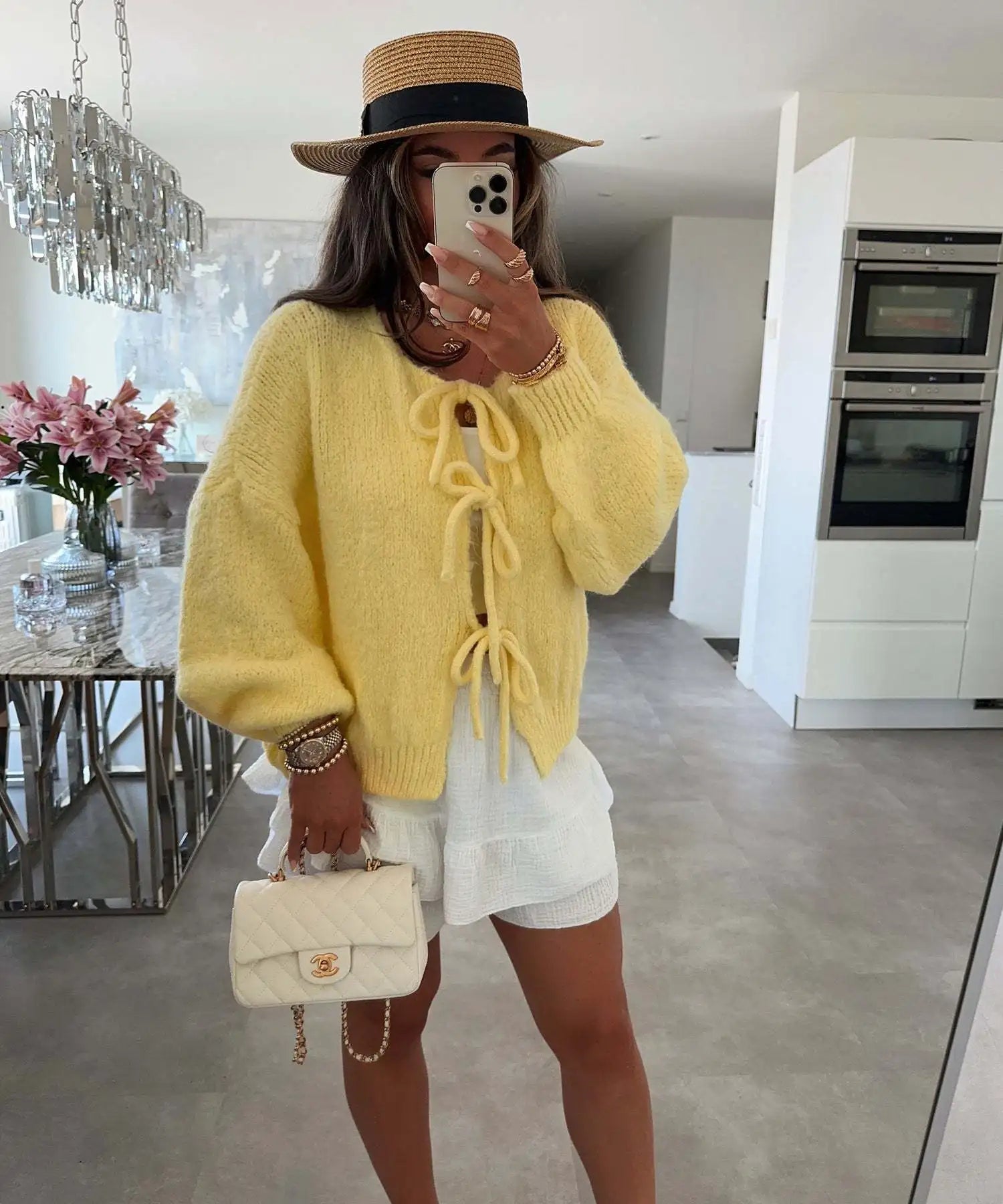 Cardigan Femme Élégant – Tricot Uni avec Lacet, Col Rond, Style Simple Chic |.