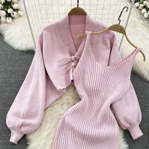 Ensemble Femme 2 Pièces – Cardigan Tricoté à Lacets & Robe Camisole, Style Chinois Moderne Élégant |.