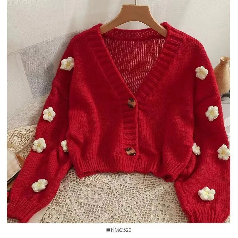 Cardigan Court Femme Brodé Fleurs – Tricot Doux Col V Coloré Automne.