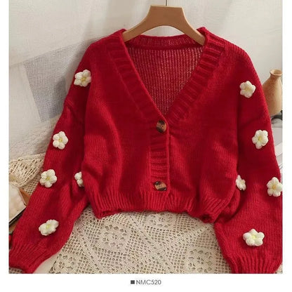 Cardigan Court Femme Brodé Fleurs – Tricot Doux Col V Coloré Automne.