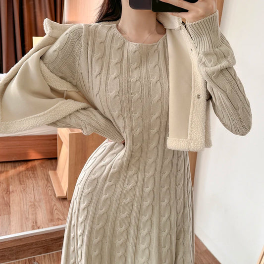 Robe pull longue femme hiver – maille torsadée chaude, coupe évasée élégante
