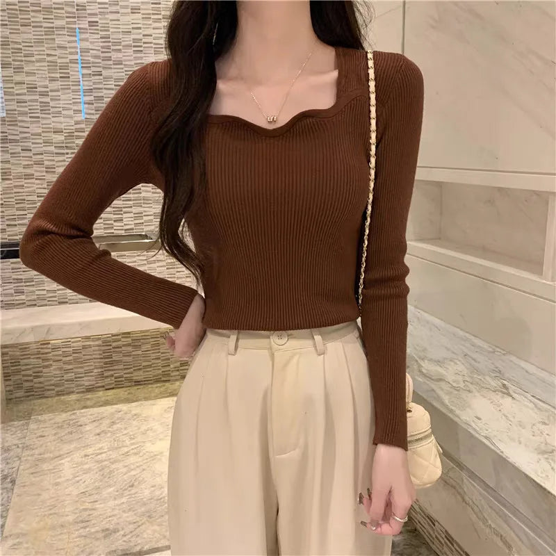 Pull Femme Col Carré – Tricot Slim Uni Style Rétro Coréen Automne Hiver | F-laglam