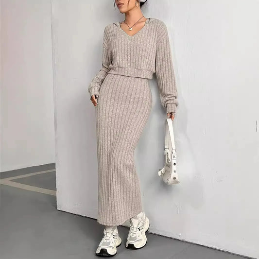 Ensemble Femme 2 Pièces – Robe Pull Loose & Hoodie Tricoté Manches Longues, Style Casual Commuting Automne Hiver 2024 | F-laglam.