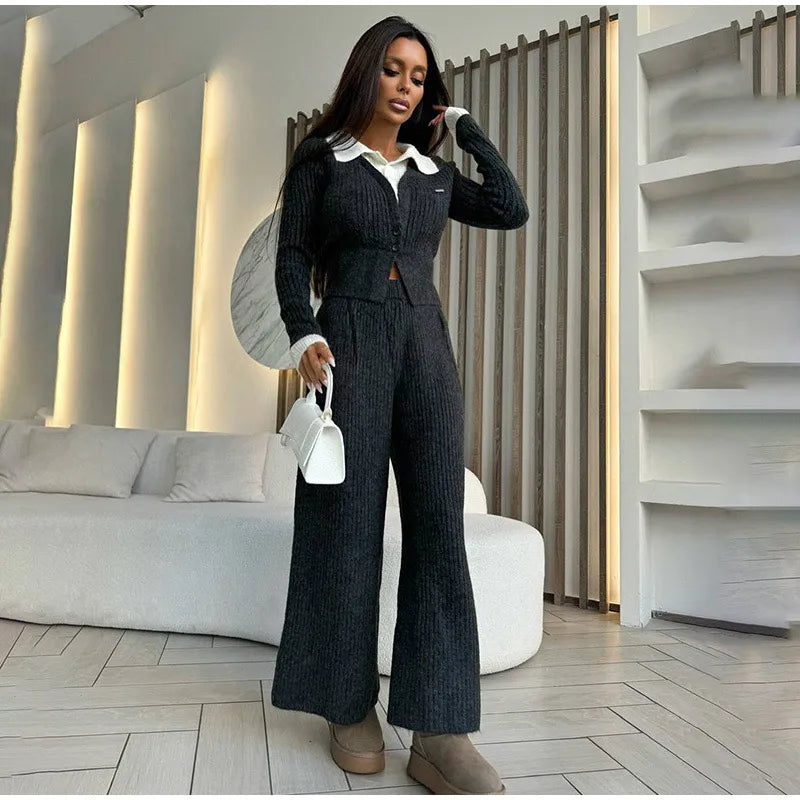 Ensemble Femme 2 Pièces – Haut Tricot Boutonné à Col Revers & Pantalon Loose, Style Décontracté Chic Automne | F-laglam.