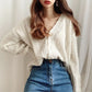 Cardigan Femme Blanc Sexy – Tricot Loose Col V Profond à Manches Longues, Maille Ajurée Été.