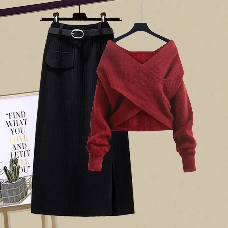 Ensemble Femme 2 Pièces – Pull Col V Tricoté & Jupe Taille Haute, Outfit Chic Coréen.
