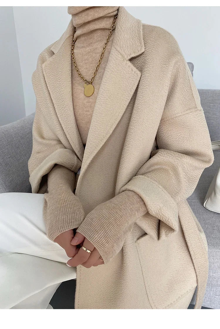 Manteau Court Femme Automne Hiver – Cachemire Double Face, Col Revers & Ceinture, Style Luxe Chic.