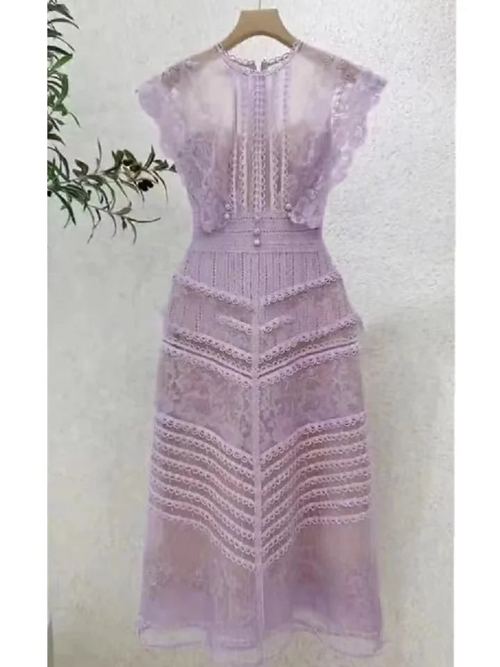 Robe midi femme à fleurs brodées – manches courtes, style vintage élégant