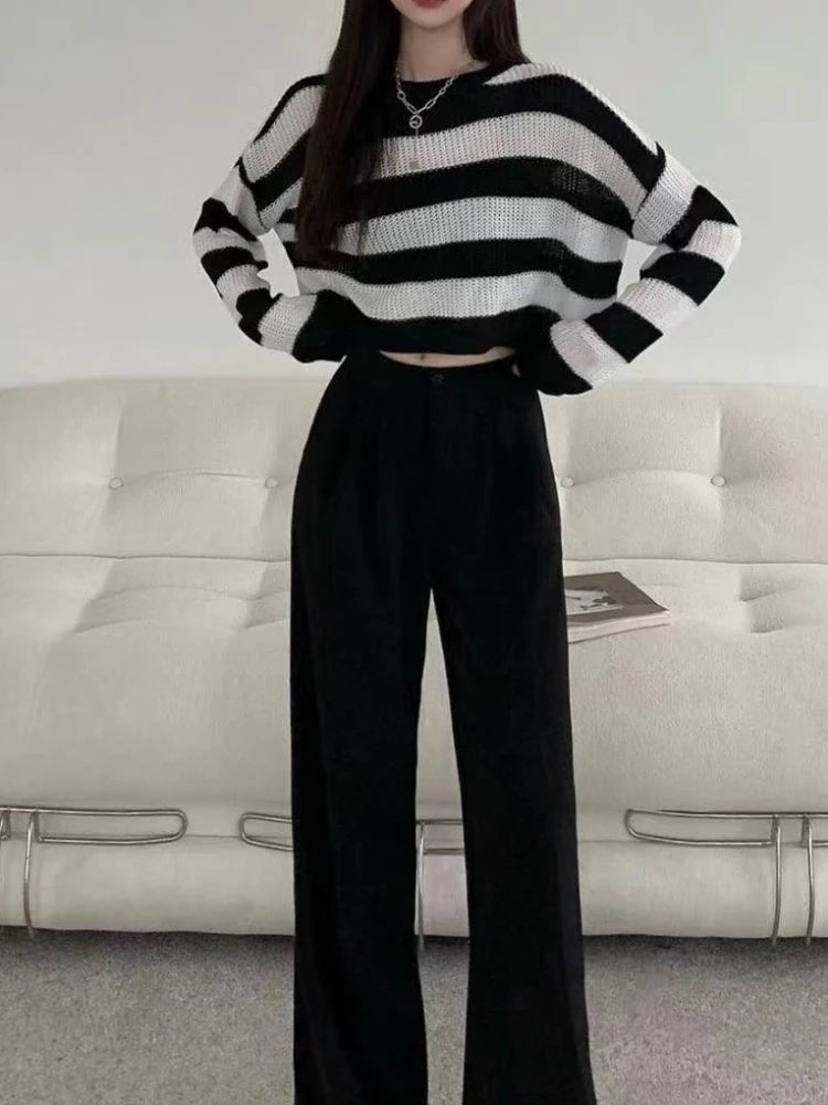 Pull Court Femme Rayé – Tricot Loose O-neck Streetwear Automne Hiver.