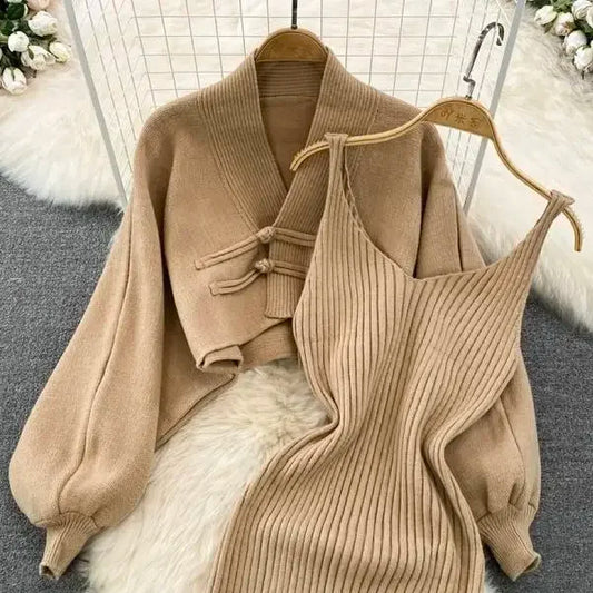 Ensemble Femme 2 Pièces – Cardigan Tricoté à Lacets & Robe Camisole, Style Chinois Moderne Élégant |.