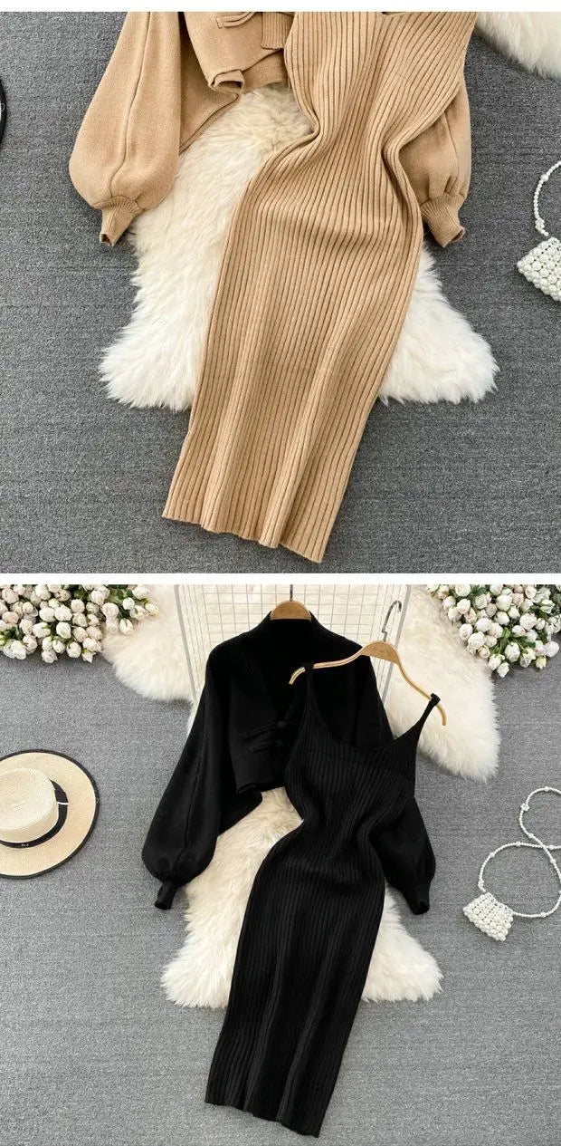 Ensemble Femme 2 Pièces – Cardigan Tricoté à Lacets & Robe Camisole, Style Chinois Moderne Élégant |
