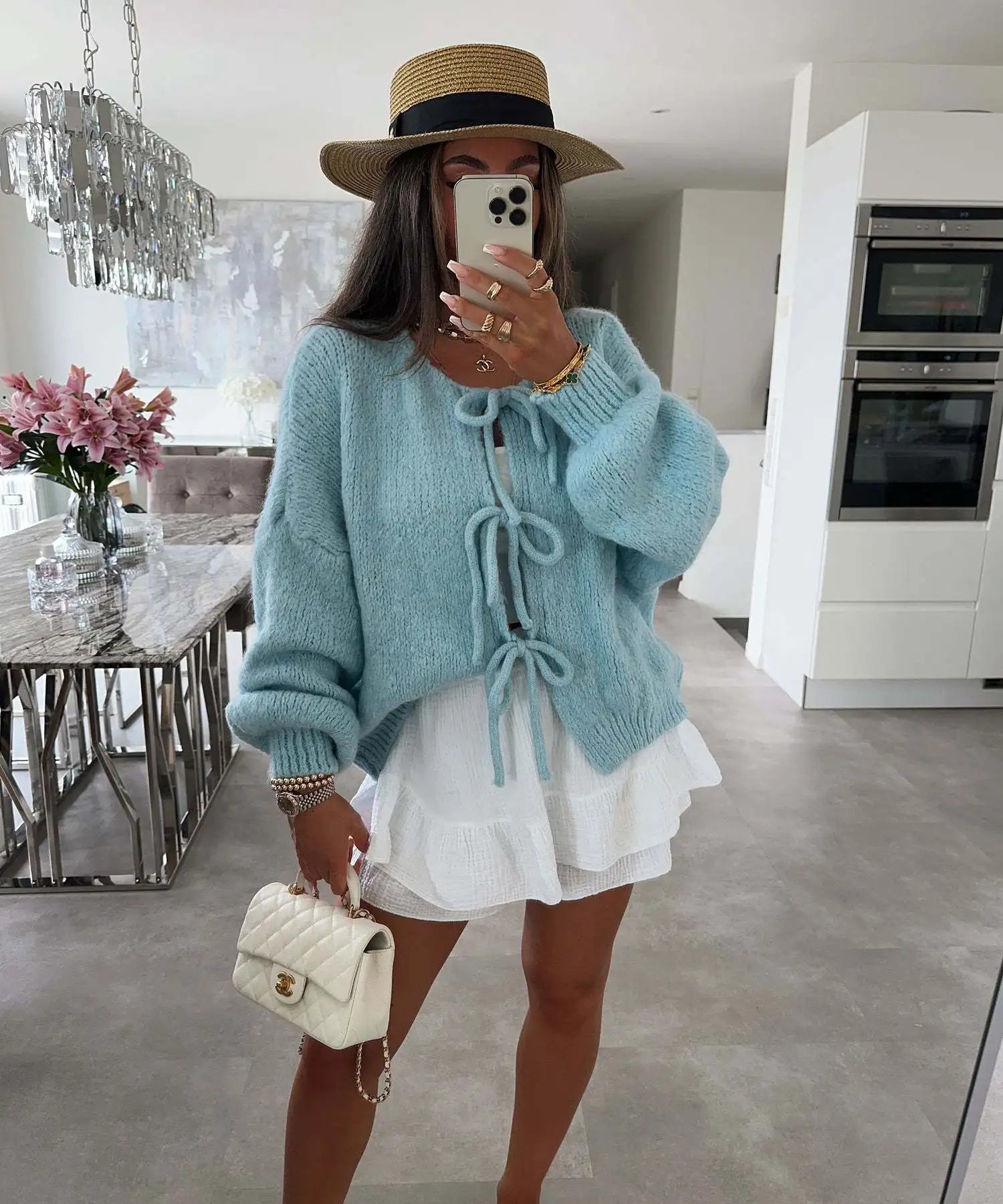 Cardigan Femme Élégant – Tricot Uni avec Lacet, Col Rond, Style Simple Chic |.