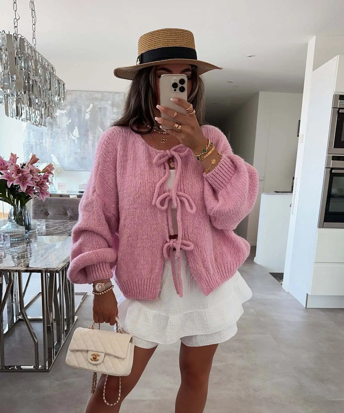Cardigan Femme Élégant – Tricot Uni avec Lacet, Col Rond, Style Simple Chic |