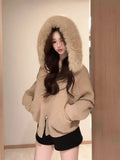 Cardigan Loose Femme avec Col en Fourrure Amovible – Pull Tricoté à Capuche Style Y2K Harajuku.