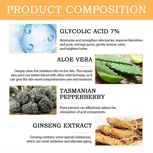Solution Tonique à l’Acide Glycolique 7% – 100ml, Anti-Acné, Hydratante & Régénérante