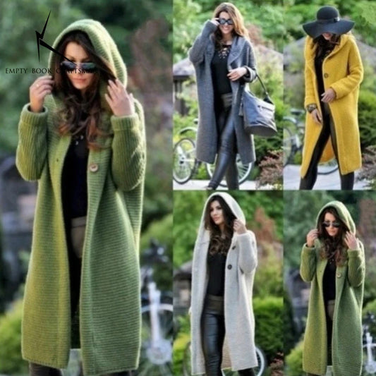 Cardigan Long à Capuche Femme – Pull Tricoté Automne Hiver.