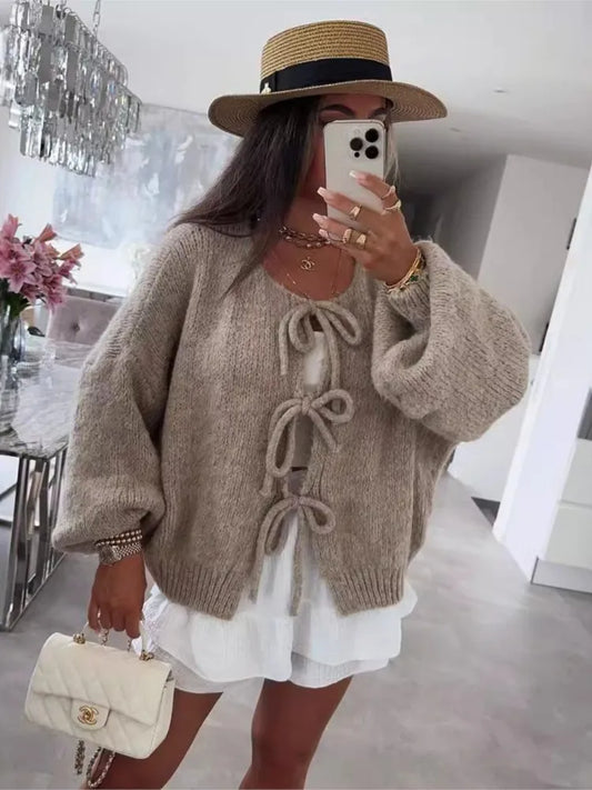 Cardigan Femme Élégant – Tricot Uni avec Lacet, Col Rond, Style Simple Chic |.