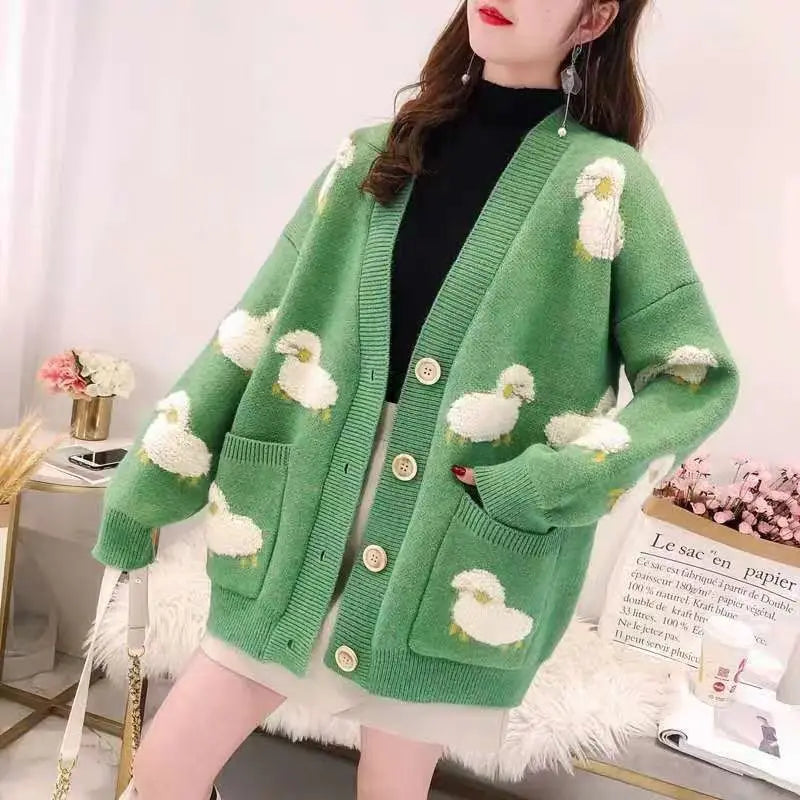 Cardigan Femme Loose – Tricot Cartoon avec Poches Mouton, Style Colorblock Automne Hiver.