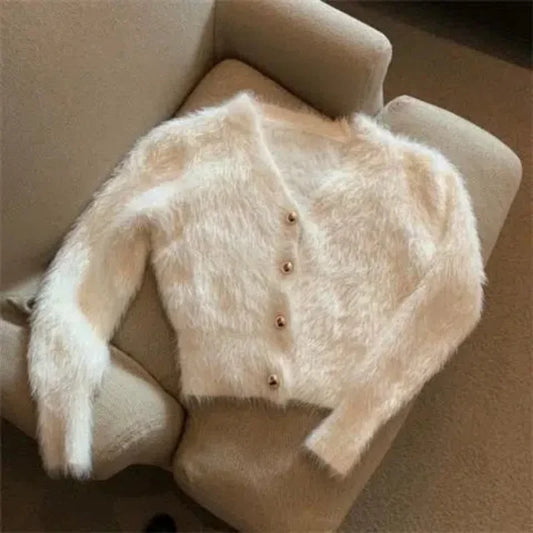Cardigan Court Femme Y2K – Tricot Élastique en Fausse Fourrure Mink Fluffy, Slim & Sexy Streetwear Printemps Automne | F-laglam.