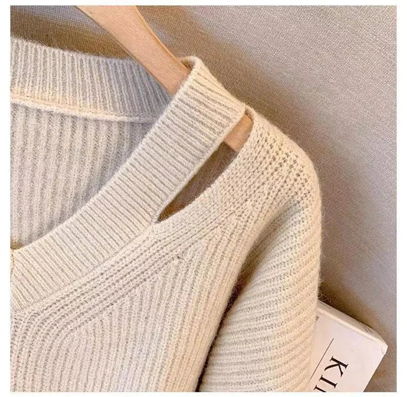 Pull Femme Loose Col V – Tricot Doux Uni Style Basique Automne.
