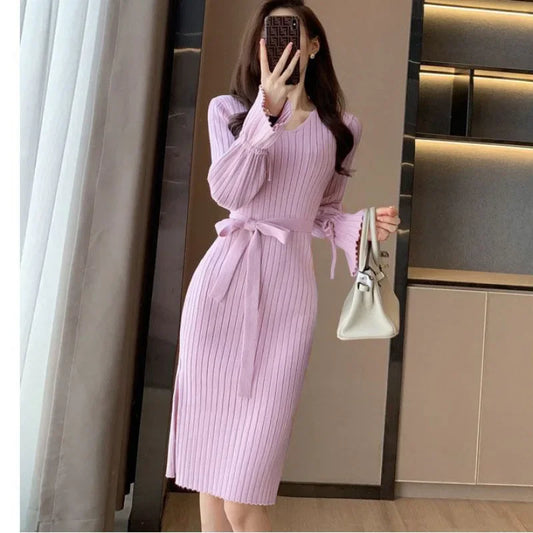 rRobe pull femme automne/hiver – col V, manches évasées, coupe ajustée