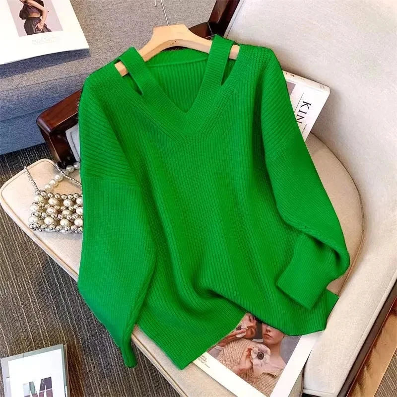 Pull Femme Loose Col V – Tricot Doux Uni Style Basique Automne.