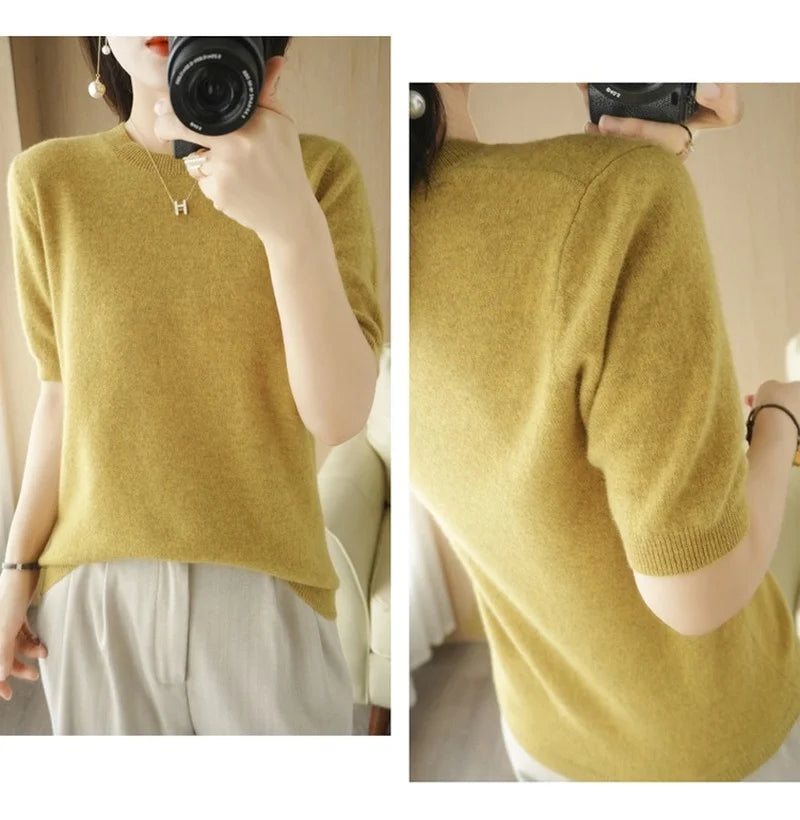 Pull Femme Slim à Manches Courtes – Tricot Col Rond Léger Printemps Été 2025 |.