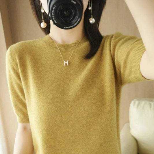 Pull Femme Slim à Manches Courtes – Tricot Col Rond Léger Printemps Été 2025 |.