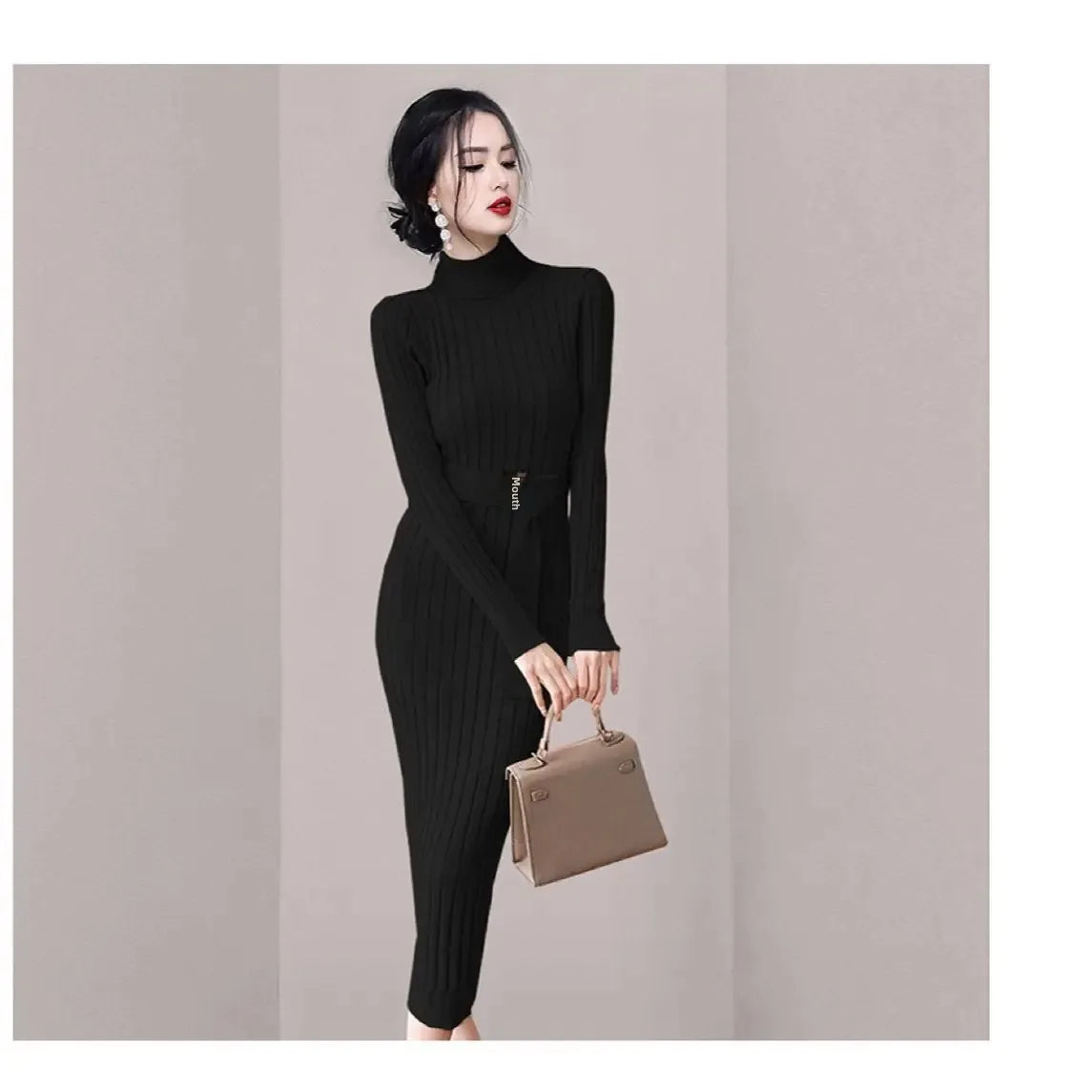 Robe Pull Longue Femme – Tricot Élastique Ajusté Style Coréen Élégant Automne Hiver