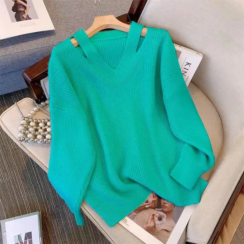 Pull Femme Loose Col V – Tricot Doux Uni Style Basique Automne