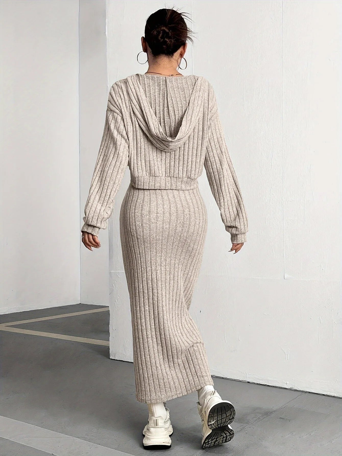 Ensemble Femme 2 Pièces – Robe Pull Loose & Hoodie Tricoté Manches Longues, Style Casual Commuting Automne Hiver 2024 | F-laglam.