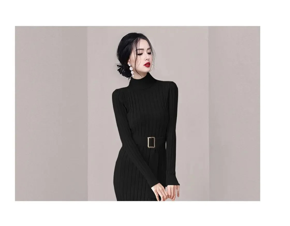 Robe Pull Longue Femme – Tricot Élastique Ajusté Style Coréen Élégant Automne Hiver
