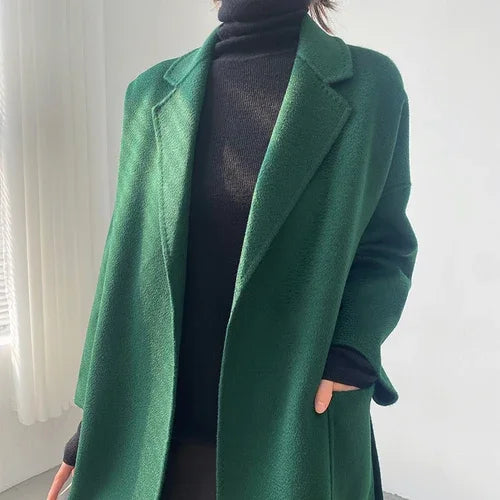 Manteau Court Femme Automne Hiver – Cachemire Double Face, Col Revers & Ceinture, Style Luxe Chic.