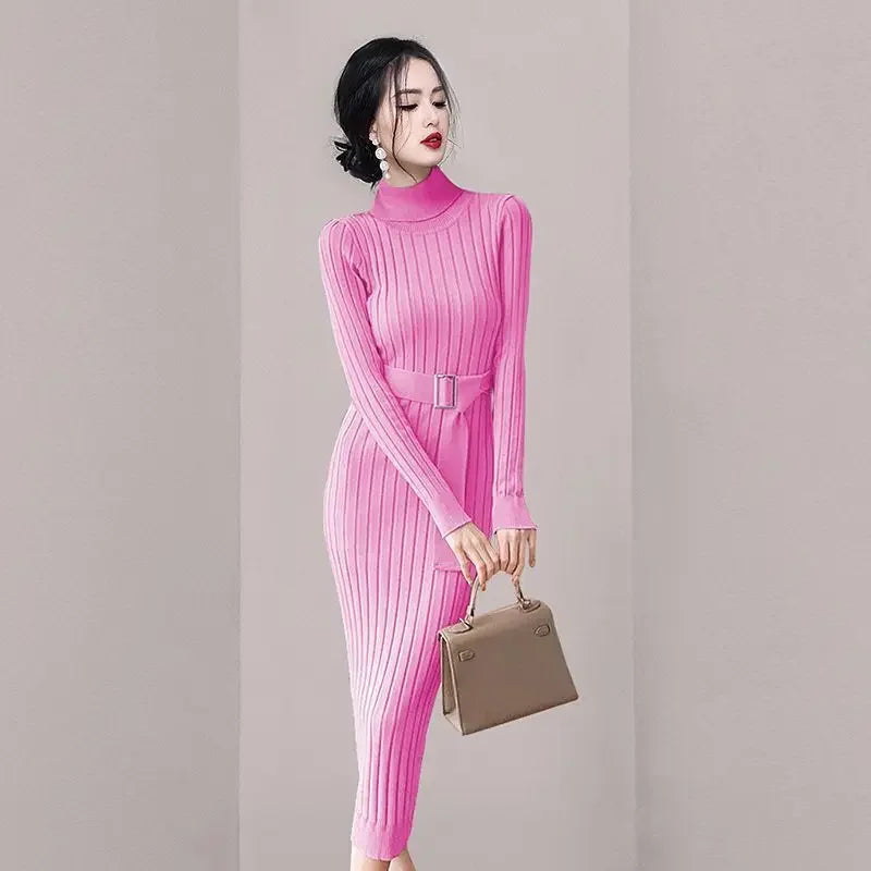 Robe Pull Longue Femme – Tricot Élastique Ajusté Style Coréen Élégant Automne Hiver.