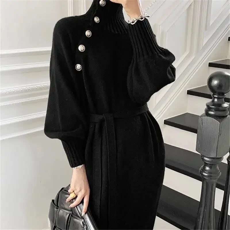 Robe Pull Longue Femme – Tricot Élégant Col Haut avec Boutons Style Vintage Automne Hiver.
