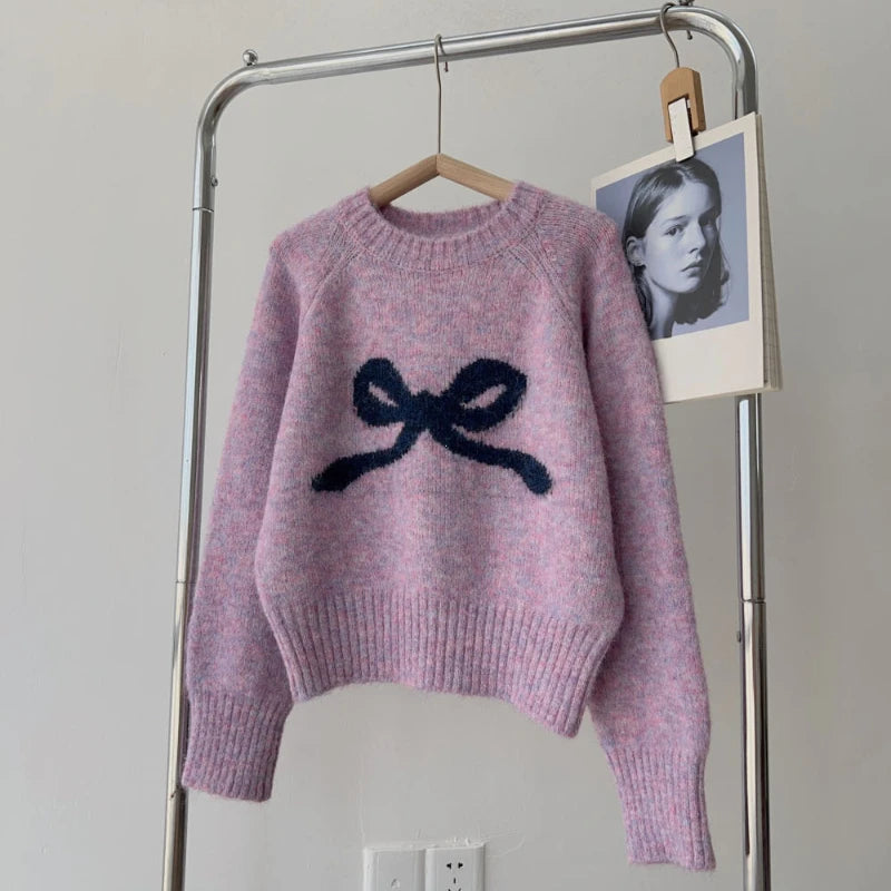 Pull Femme Gris avec Nœud – Col Rond Tricoté Doux Automne Hiver.