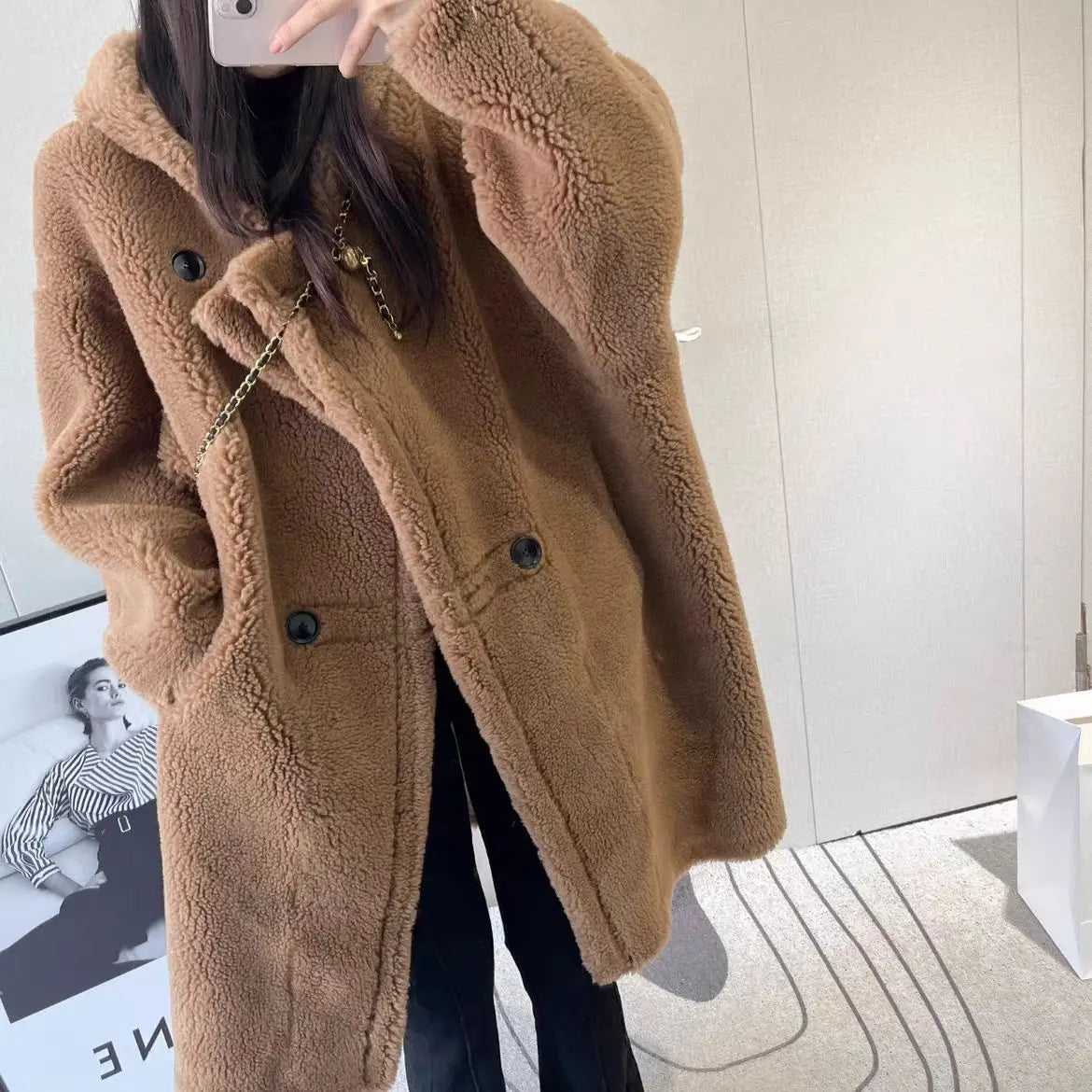 Manteau Femme Hiver 2024 – Veste Cocoon à Capuche en Laine d’Agneau Épaisse, Parka Chaude Shearling